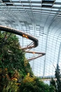 Aerial walkway wrapping around botanical garden