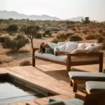 Desert pool wooden hardscape