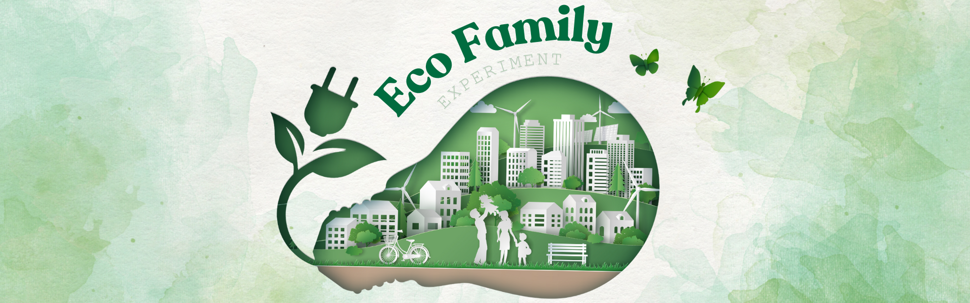 Eco Family Experiment Eco Family Experiment, A green light bulb with models inside of a family buildings, windmills, and butterflies depicting a green life style.
